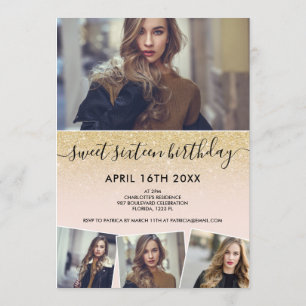 Chic gold glitter blush script photos Sweet 16 Invitation