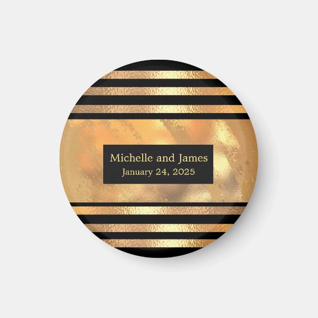 Chic Gold Glitter Brushed Metal Monogram Black Magnet (Front)