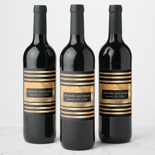 Chic Gold Glitter Brushed Metal Monogram Black  Wine Label (Bottles)