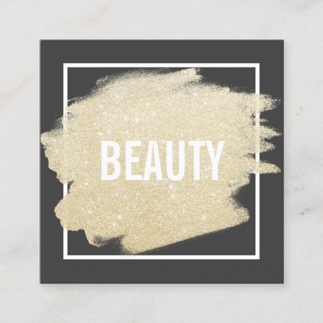 Chic gold glitter brushstroke white black beauty square business card (Front)