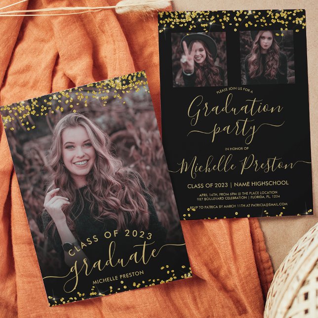 Chic gold glitter confetti 3 photo graduation invitation (Creator Uploaded)