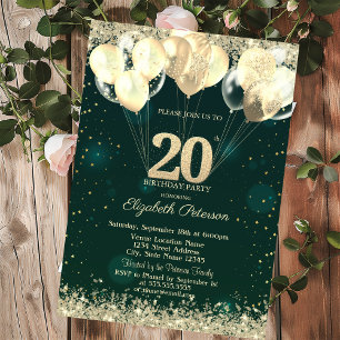 Chic Gold Glitter Confetti Balloons Green 20th Invitation