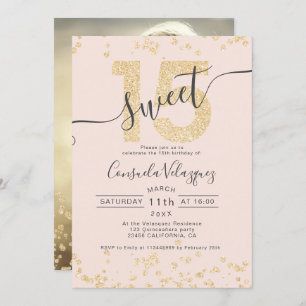 Chic gold glitter confetti blush Quinceanera photo Invitation