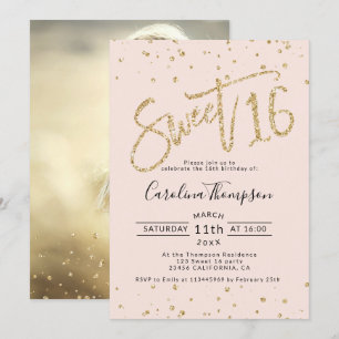 Chic gold glitter confetti blush Sweet 16 photo Invitation