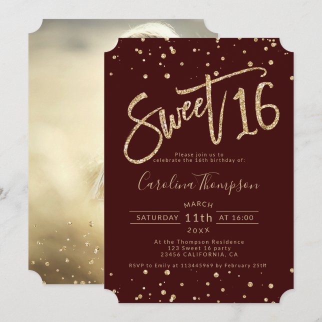 Chic gold glitter confetti burgundy Sweet 16 photo Invitation (Front/Back)