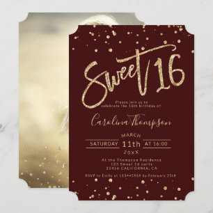 Chic gold glitter confetti burgundy Sweet 16 photo Invitation