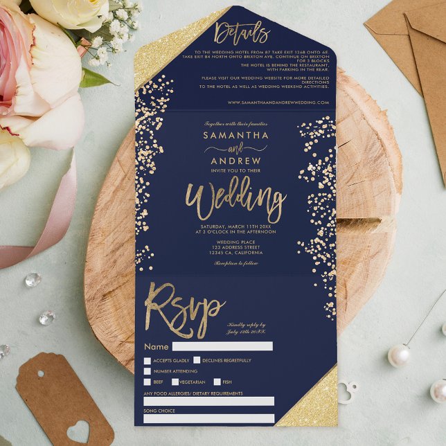 Chic gold glitter confetti navy blue wedding all in one invitation (Creator Uploaded)