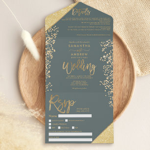 Chic gold glitter confetti sage green wedding all in one invitation
