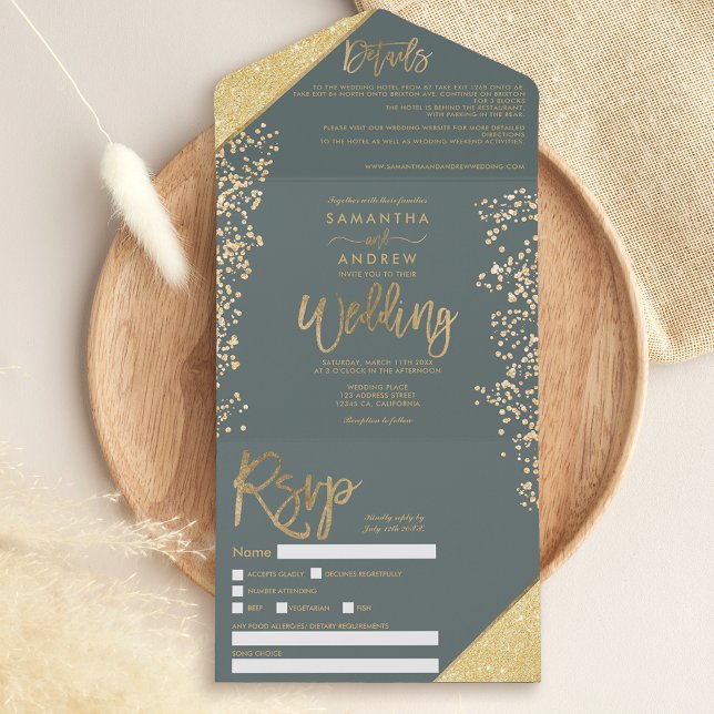 Chic gold glitter confetti sage green wedding all in one invitation (Creator Uploaded)