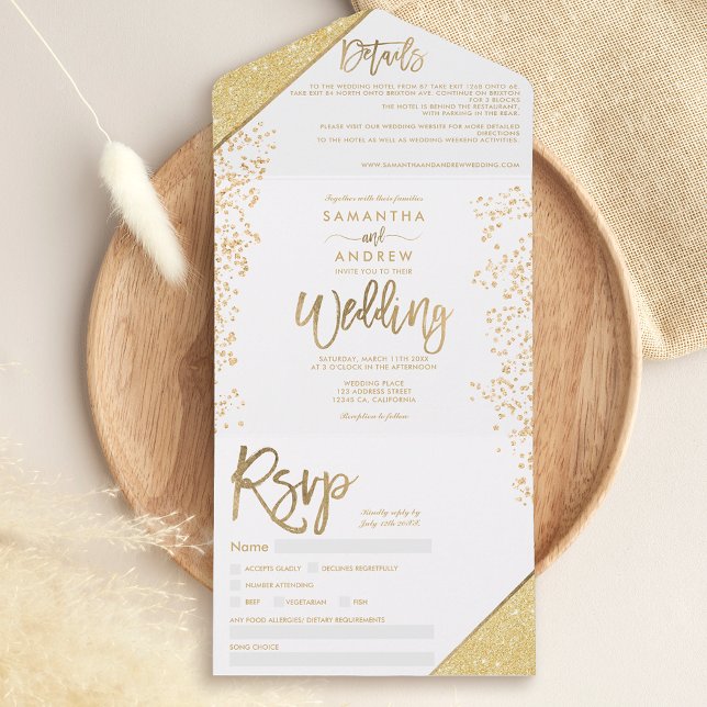 Chic gold glitter confetti white wedding all in one invitation (Creator Uploaded)