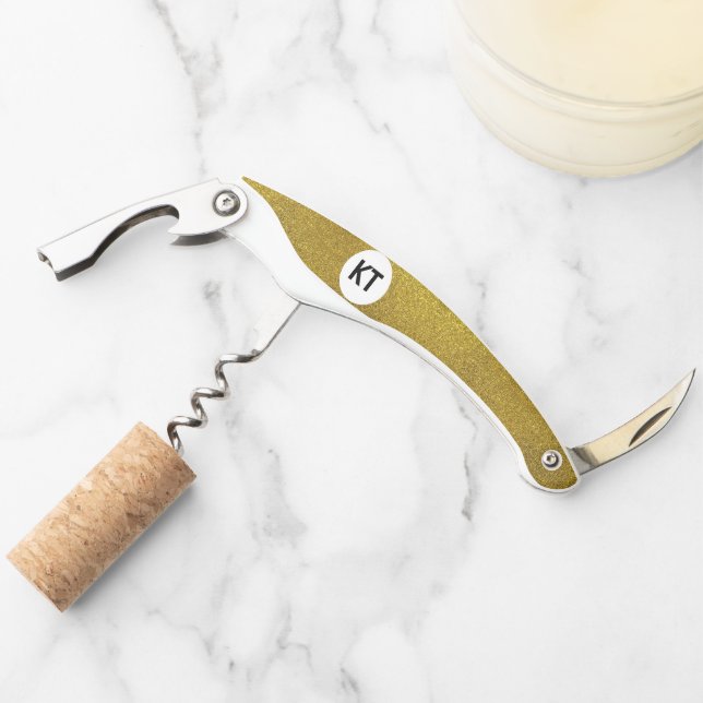Chic Gold Glitter Corkscrew with Monogram (Front)