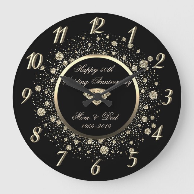 Chic Gold Glitter Dots 50th Wedding Anniversary Large Clock (Front)