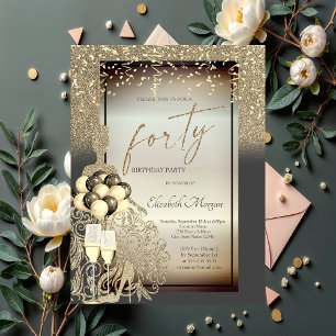 Chic Gold Glitter Dress,Balloons,40th Birthday Invitation
