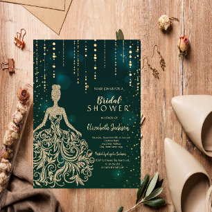 Chic Gold Glitter Dress Green Bridal Shower   Invitation