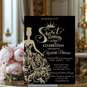 Chic Gold Glitter Dress,Tiara Black Quinceañera  Invitation