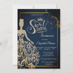 Chic Gold Glitter Dress,Tiara Navy Blue Sweet 16 Invitation