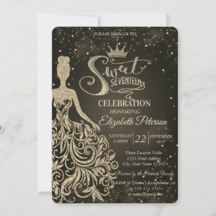 Chic Gold Glitter Dress,Tiara Quinceañera Invitation