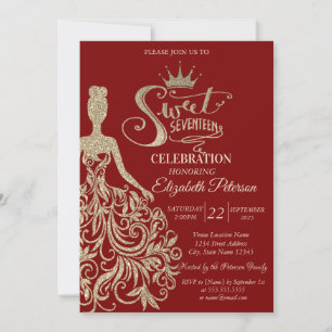 Chic Gold Glitter Dress,Tiara Red Sweet Seventeen Invitation