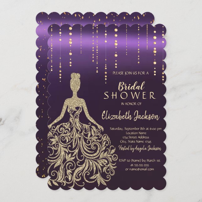 Chic Gold Glitter Dress Violet Bridal Shower  Invitation (Front/Back)