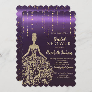 Chic Gold Glitter Dress Violet Bridal Shower  Invitation