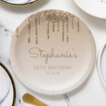 Chic Gold Glitter Drip 50th Birthday Party Paper Plate<br><div class="desc">These chic,  elegant 50th birthday party paper plates feature a sparkly gold faux glitter drip border and gold ombre background. Personalise them with the guest of honour's name in golden brown handwriting script,  with her birthday and date below in sans serif font.</div>
