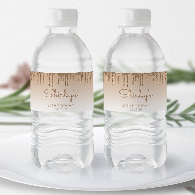 Chic Gold Glitter Drip 90th Birthday Party Water Bottle Label (Creator Uploaded)