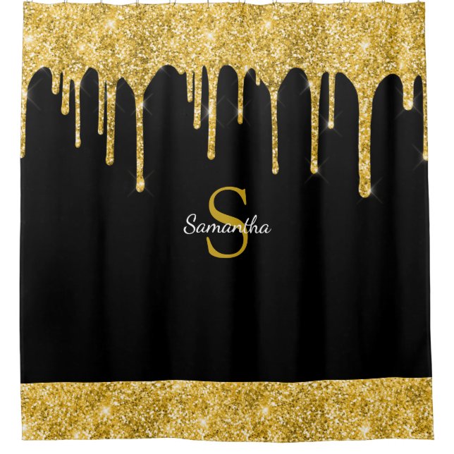 Chic Gold Glitter Drip Sparkle Black Monogram Name Shower Curtain (Front)