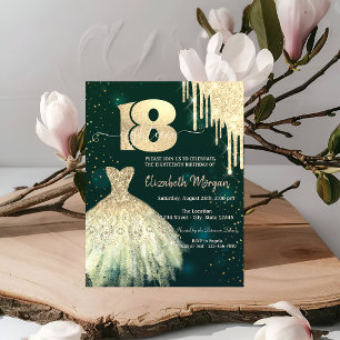 Chic Gold Glitter Drips Dress Green 18th Birthday Invitation