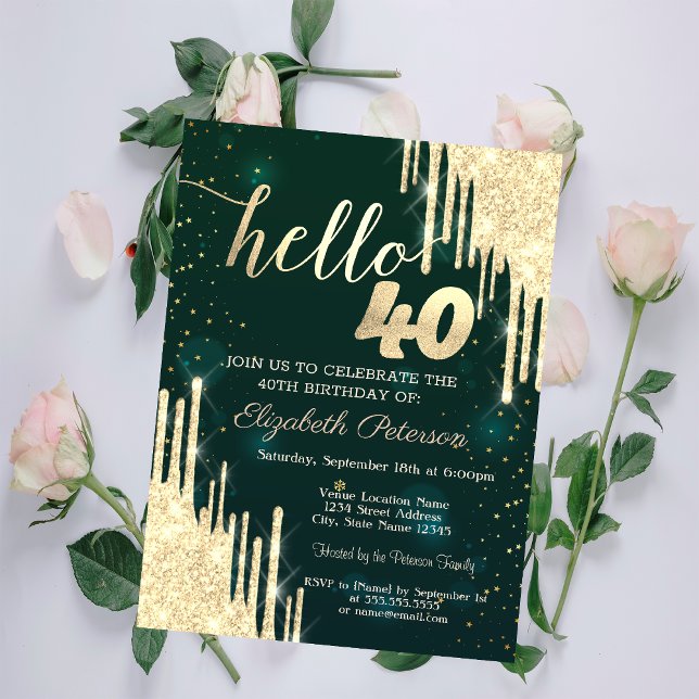 Chic Gold Glitter Drips Green 40th Birthday Invitation (Creator Uploaded)