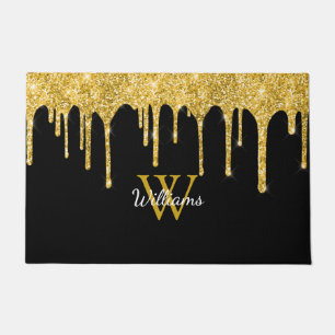 Chic Gold Glitter Drips Monogram Name Black Doormat