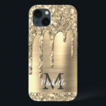 Chic Gold Glitter Drips Monogram Pink Metal  iPhone 13 Case<br><div class="desc">Elegant, modern, girly gold glitter drips gold metal custom personalised name and monogrammed iphone case. This design features yellow gold glitter sparkle drips on gold brushed metal background with custom personalised monogram initial and first name text template. Perfect feminine gift for girl and women who loves pretty trendy glam things....</div>
