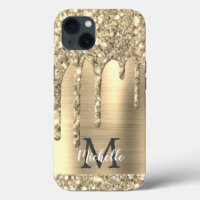 Chic Gold Glitter Drips Monogram Pink Metal 