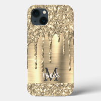 Chic Gold Glitter Drips Monogram Pink Metal