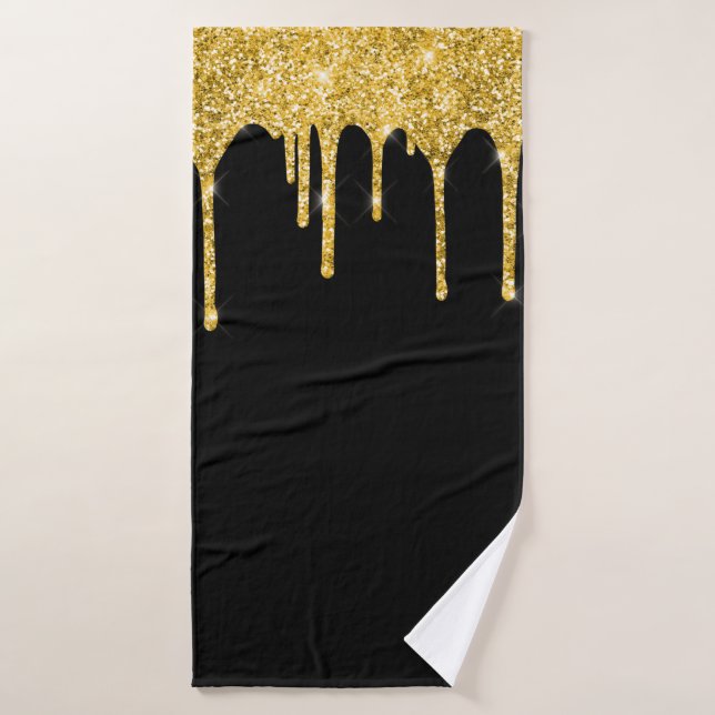 Chic Gold Glitter Drips Sparkle Black Bath Towel Set (Bath Towel)