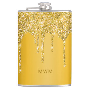Chic Gold Glitter Drips Sparkle Monogram Hip Flask