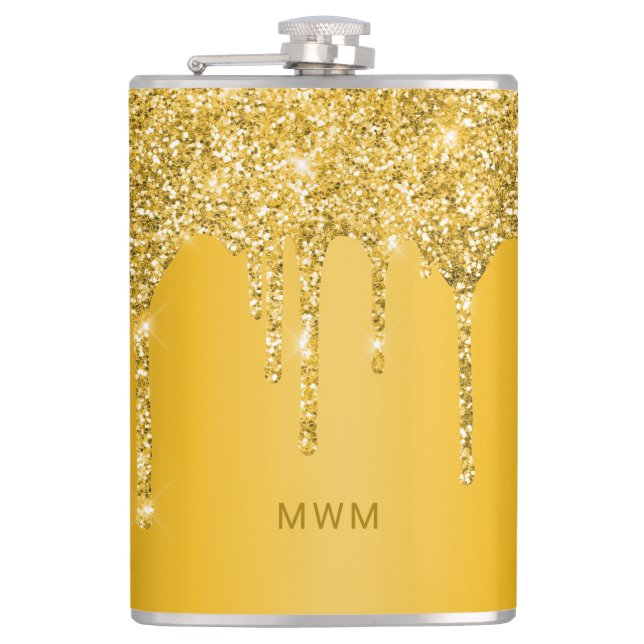Chic Gold Glitter Drips Sparkle Monogram Hip Flask (Front)
