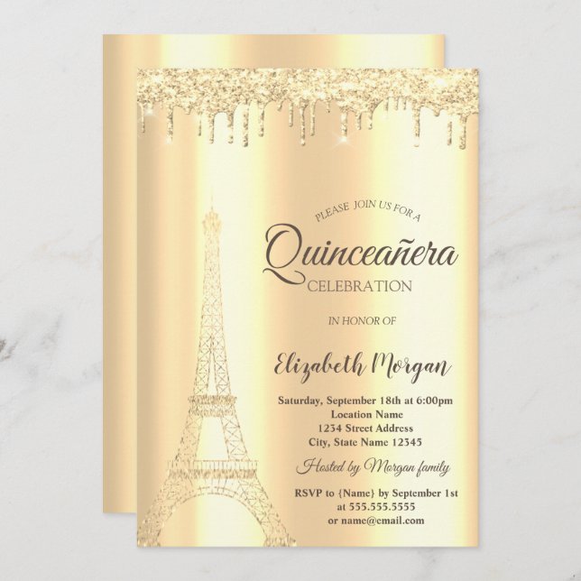 Chic Gold Glitter Eiffel Tower,Drips Quinceañera Invitation (Front/Back)
