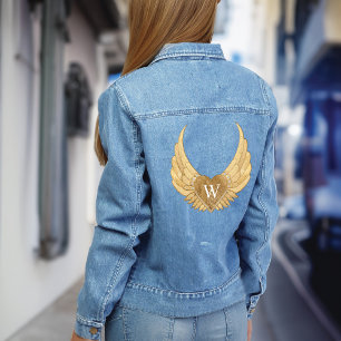 Chic Gold Glitter Gems Custom Monogram Angel Wings Denim Jacket