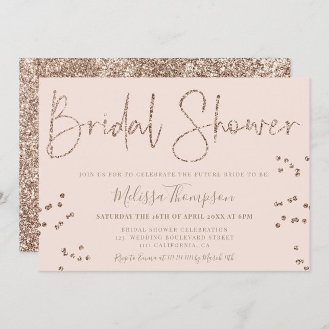 Chic gold glitter girly script black bridal shower invitation (Front/Back)
