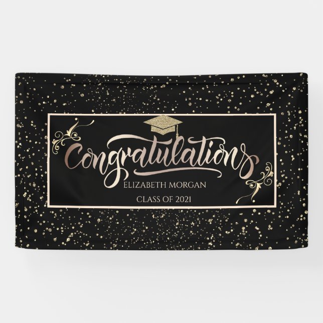 Chic Gold Glitter Graduate Cap, Confetti  Black Banner (Horizontal)