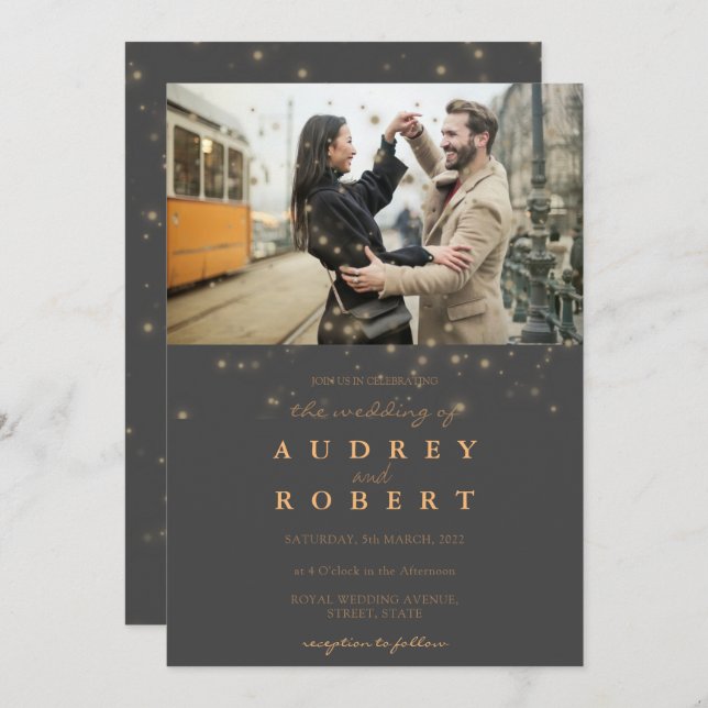 Chic Gold Glitter Grey Photo Wedding Invitation (Front/Back)