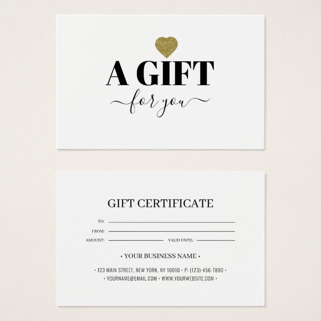 Chic Gold Glitter Heart Gift Certificate Card (Front & Back)