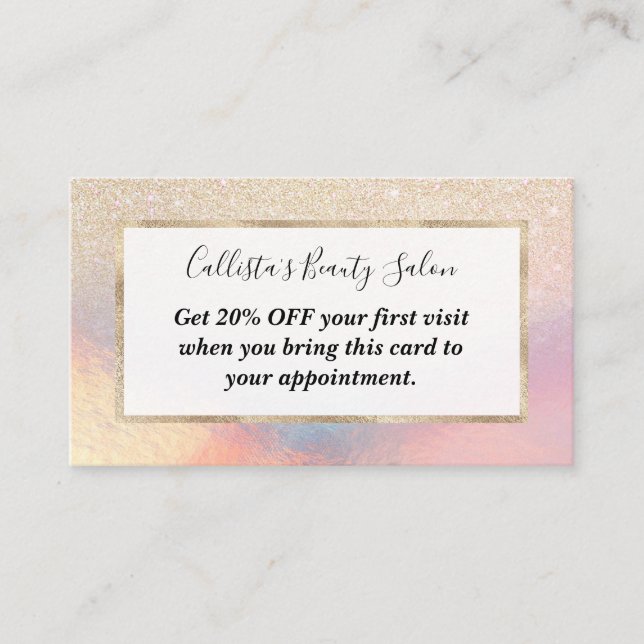 Chic Gold Glitter Iridescent Holographic Gradient Discount Card (Front)