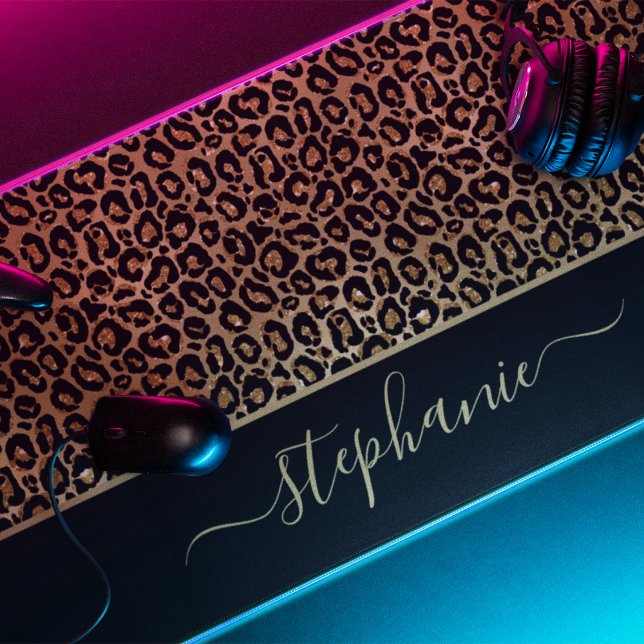 Chic Gold Glitter Leopard Animal Print Monogram Desk Mat (Chic Gold Glitter Leopard Animal Print Monogram Desk Mat)