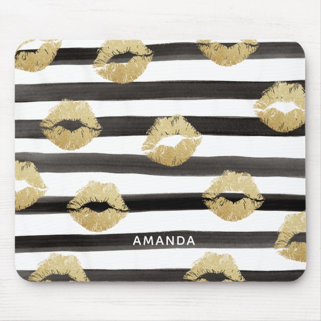Chic Gold Glitter Lips & Black Stripes Monogram Mouse Pad (Front)