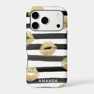 Chic Gold Glitter Lips & Stripes Monogram