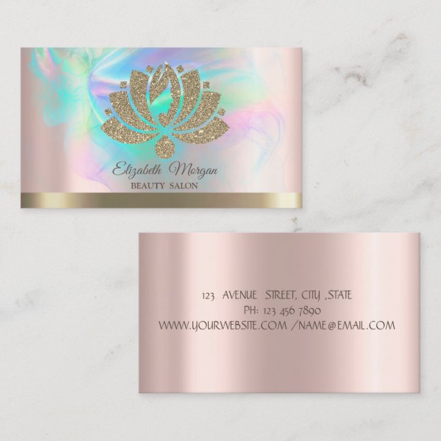 Chic Gold Glitter Lotus Holographic Ink Rose Gold Business Card (Front/Back)
