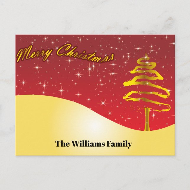 Chic Gold Glitter Merry Christmas Script Gold Tree Holiday Postcard (Front)