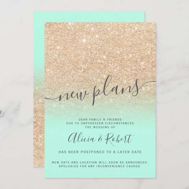 Chic gold glitter mint green postponed new plans invitation (Front/Back)