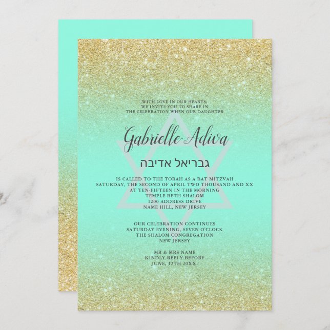 Chic gold glitter mint teal script Bat Mitzvah Invitation (Front/Back)